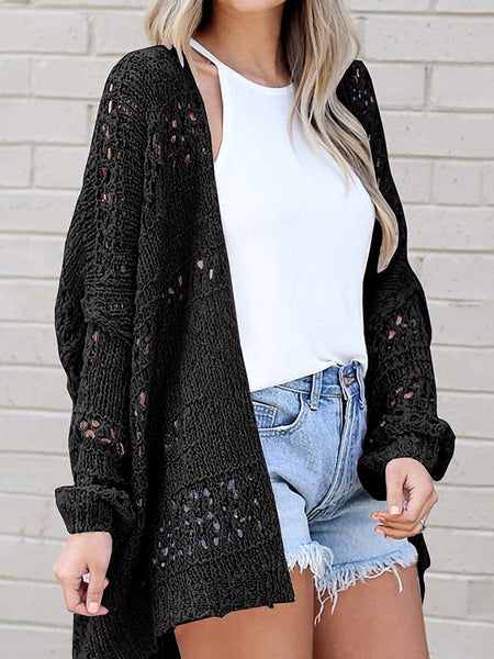 Plus Size Casual Cardigan, Women's Plus Solid Crochet Knit Long Sleeve Open Front Cardigan
