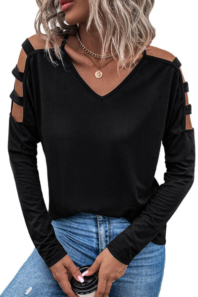 Women's Chic Black V-Neck Long Sleeve Top with Shoulder Cut-Outs