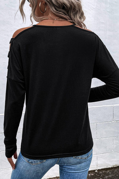 Women's Chic Black V-Neck Long Sleeve Top with Shoulder Cut-Outs