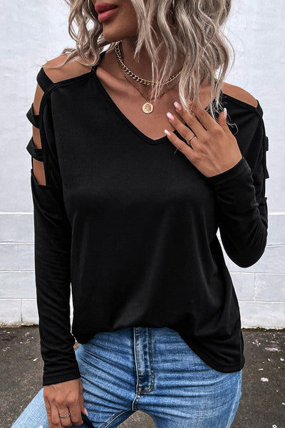 Women's Chic Black V-Neck Long Sleeve Top with Shoulder Cut-Outs