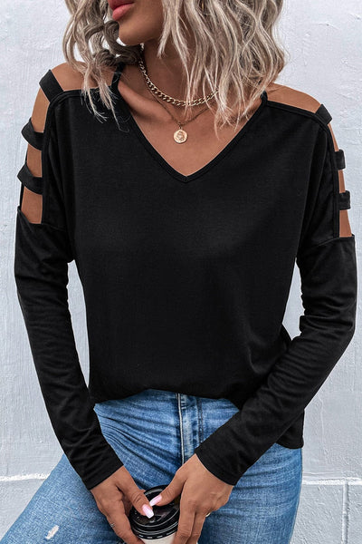 Women's Chic Black V-Neck Long Sleeve Top with Shoulder Cut-Outs