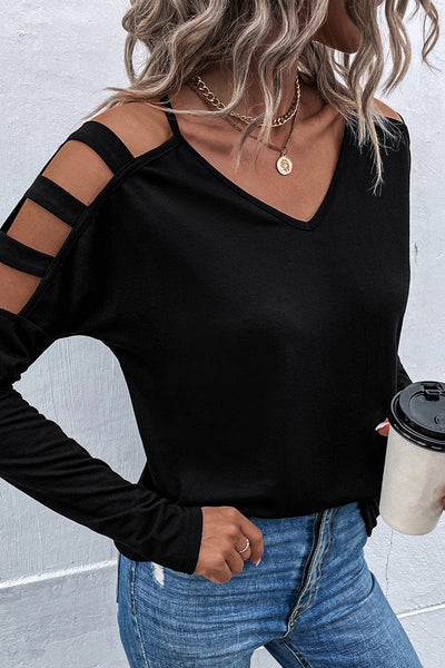 Women's Chic Black V-Neck Long Sleeve Top with Shoulder Cut-Outs