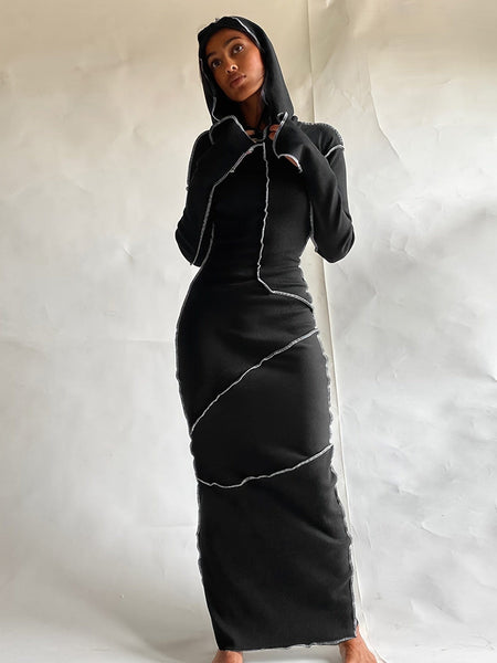 Women's Trendy Maxi Dress with Hood and Unique Seams made for easy styling and wardrobe coordination, with premium-like structure and finish.