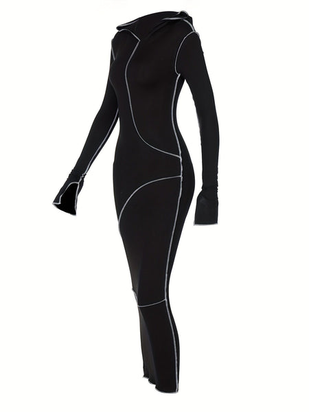Chic Bodycon Maxi Dress with Hood & Stitching