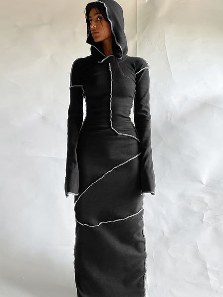 Chic Bodycon Maxi Dress with Hood & Stitching