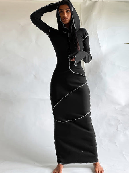 Chic Bodycon Maxi Dress with Hood & Stitching