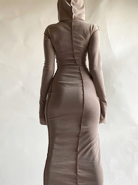 Chic Bodycon Maxi Dress with Hood & Stitching