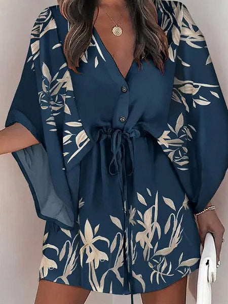 Women's Chic Deep V Neck Printed Mini Dress with Button Detail