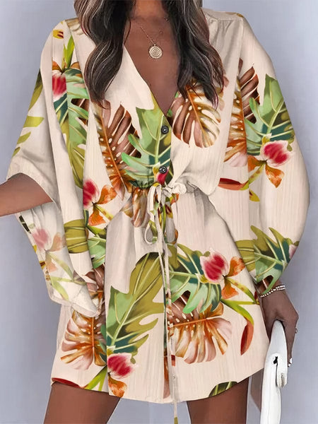 Women's Chic Deep V Neck Printed Mini Dress with Button Detail