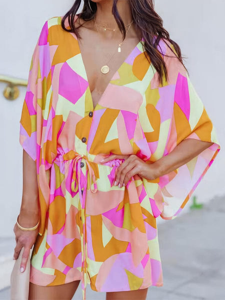 Women's Chic Deep V Neck Printed Mini Dress with Button Detail