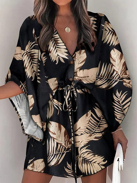 Women's Chic Deep V Neck Printed Mini Dress with Button Detail