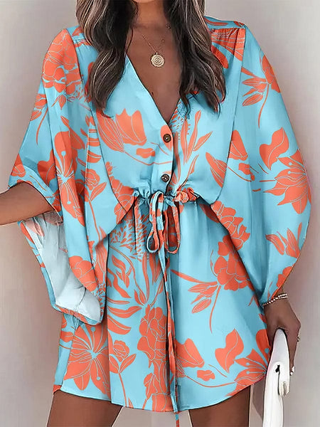 Women's Chic Deep V Neck Printed Mini Dress with Button Detail