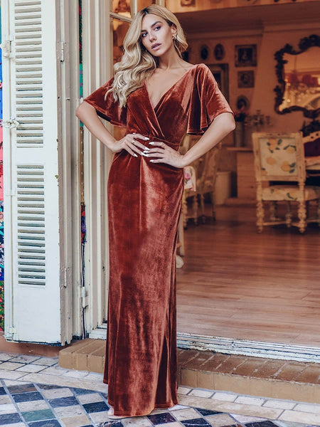 Chic Double V Neck Velvet Party Dress with Ruffled Sleeves