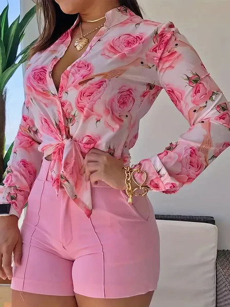 Chic Floral Print Button-Up Blouse for Women