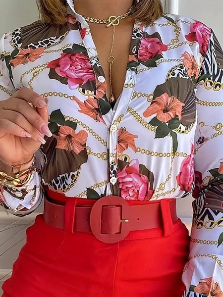 Chic Floral Print Button-Up Blouse for Women