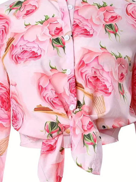 Chic Floral Print Button-Up Blouse for Women