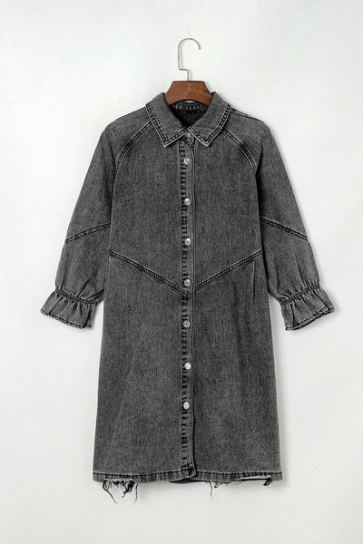 Pocket Lapel Belted Long Sleeve Denim Dress