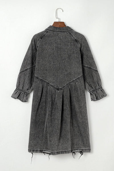 Pocket Lapel Belted Long Sleeve Denim Dress