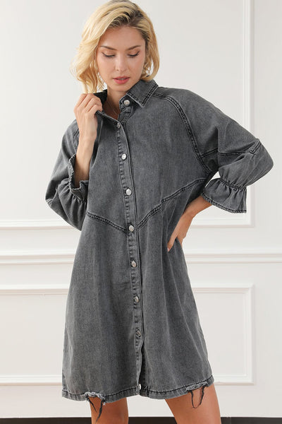 Pocket Lapel Belted Long Sleeve Denim Dress