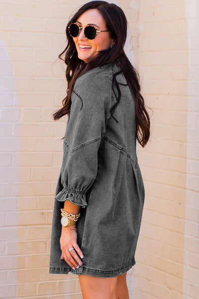 Pocket Lapel Belted Long Sleeve Denim Dress