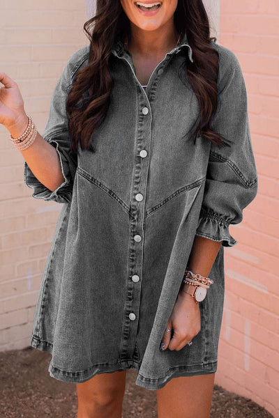Pocket Lapel Belted Long Sleeve Denim Dress