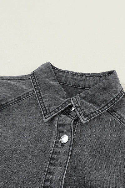 Pocket Lapel Belted Long Sleeve Denim Dress