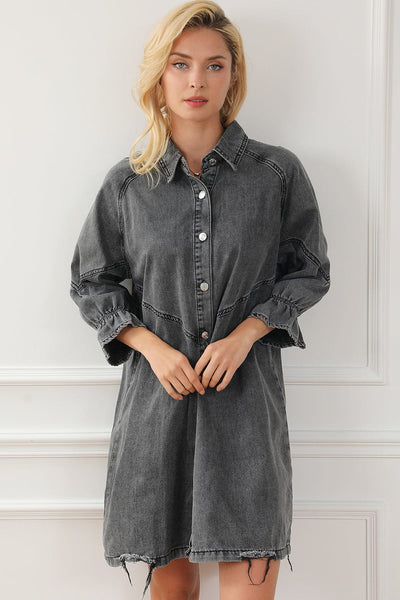 Pocket Lapel Belted Long Sleeve Denim Dress