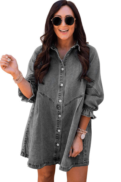 Pocket Lapel Belted Long Sleeve Denim Dress