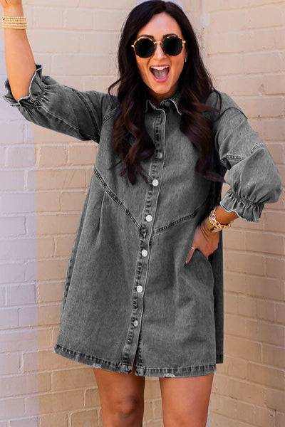 Pocket Lapel Belted Long Sleeve Denim Dress