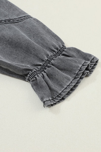 Pocket Lapel Belted Long Sleeve Denim Dress