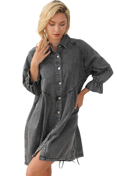 Pocket Lapel Belted Long Sleeve Denim Dress