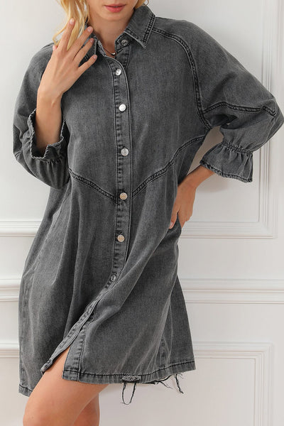 Pocket Lapel Belted Long Sleeve Denim Dress
