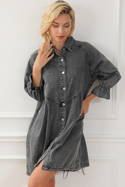 Pocket Lapel Belted Long Sleeve Denim Dress