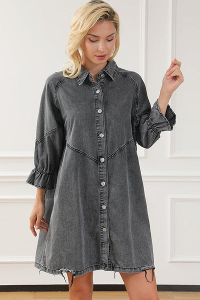 Pocket Lapel Belted Long Sleeve Denim Dress