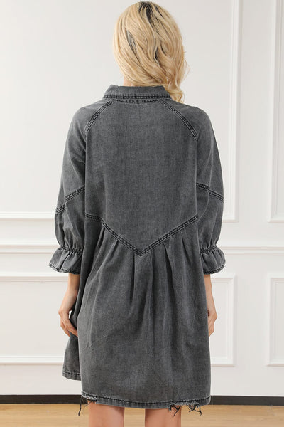 Pocket Lapel Belted Long Sleeve Denim Dress