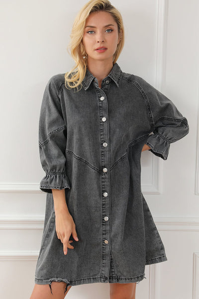 Pocket Lapel Belted Long Sleeve Denim Dress
