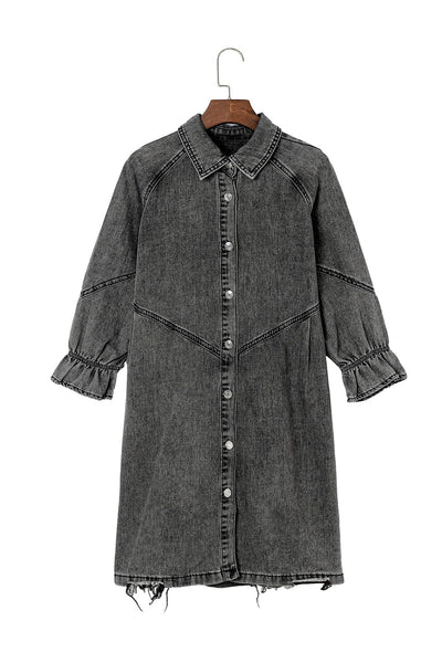 Pocket Lapel Belted Long Sleeve Denim Dress
