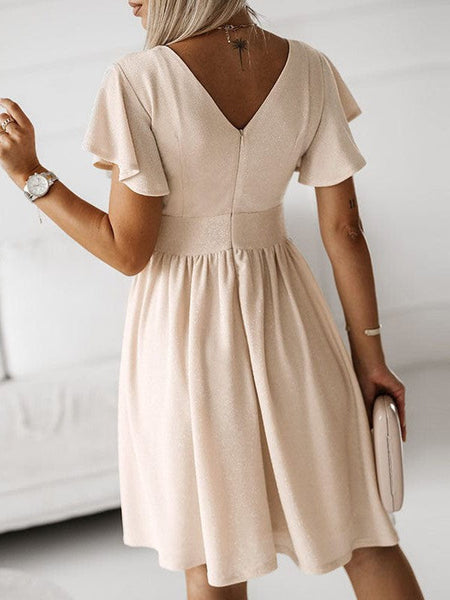 Elegant V-neck Pleated Ruffle Dress