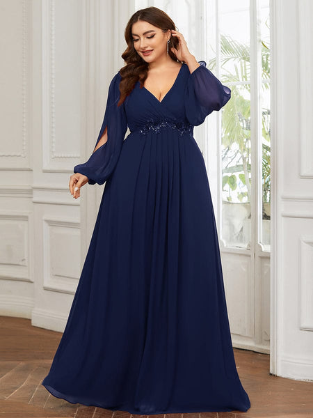 Women's Navy Chiffon Plus Size Evening Gown with Lantern Sleeves