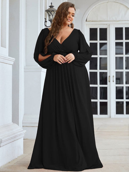 Women's Navy Chiffon Plus Size Evening Gown with Lantern Sleeves