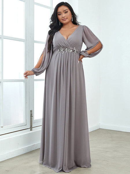 Women's Navy Chiffon Plus Size Evening Gown with Lantern Sleeves