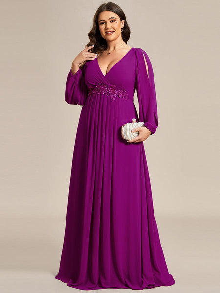 Women's Navy Chiffon Plus Size Evening Gown with Lantern Sleeves