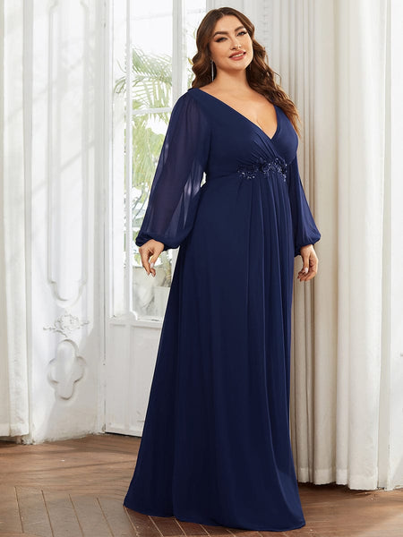 Women's Navy Chiffon Plus Size Evening Gown with Lantern Sleeves