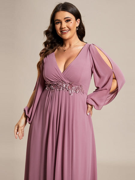 Women's Navy Chiffon Plus Size Evening Gown with Lantern Sleeves