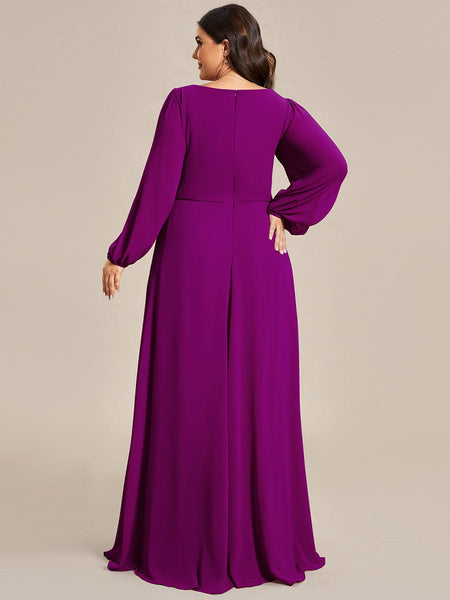 Women's Navy Chiffon Plus Size Evening Gown with Lantern Sleeves