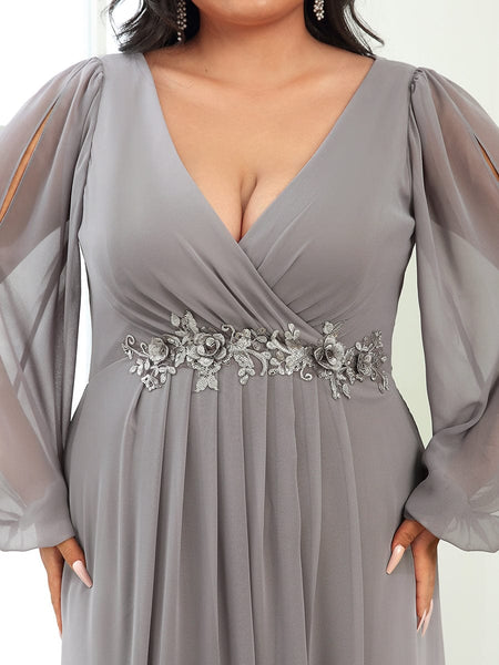 Women's Navy Chiffon Plus Size Evening Gown with Lantern Sleeves
