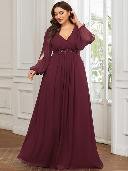 Women's Navy Chiffon Plus Size Evening Gown with Lantern Sleeves