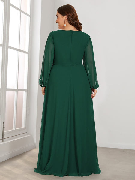 Women's Navy Chiffon Plus Size Evening Gown with Lantern Sleeves
