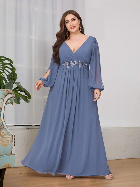 Women's Navy Chiffon Plus Size Evening Gown with Lantern Sleeves