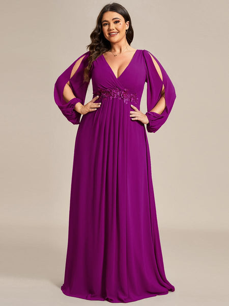 Women's Navy Chiffon Plus Size Evening Gown with Lantern Sleeves